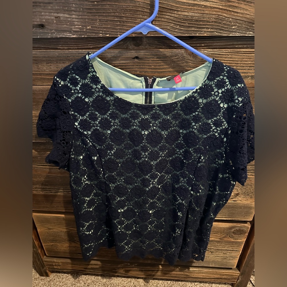 Vince Camuto Career Top Plus Size 2X Navy Blue Green Short Sleeve Crochet Cotton